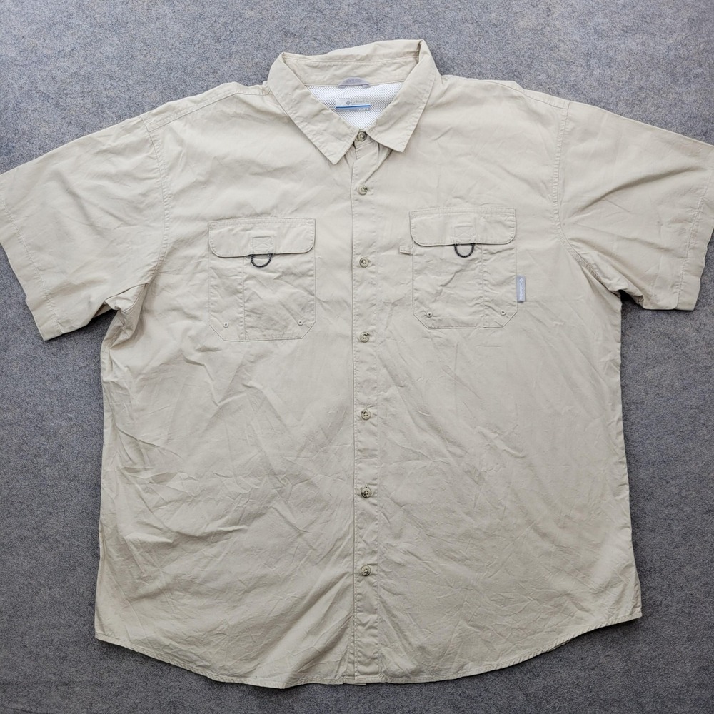 Columbia Shirt Mens 2XL Beige Solid Cotton Button Front Short Sleeve Fishing